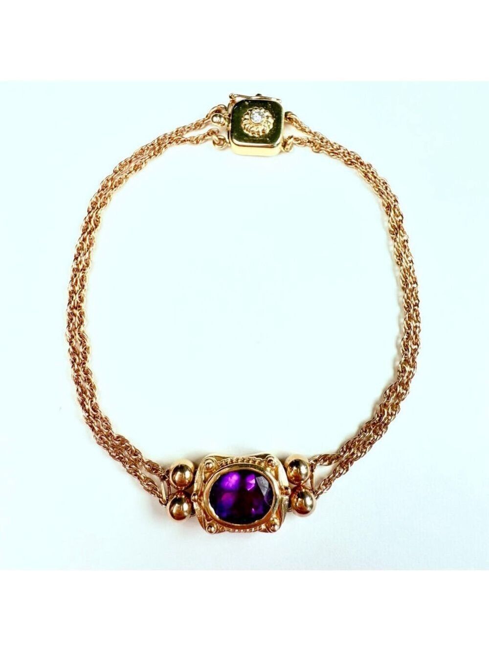 Estate 14K Gold Art Deco Revival Amethyst & Diamond Solitaire Vintage Bracelet